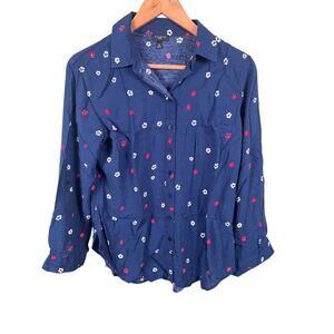 Talbots Long Sleeve Shirt Women Size Medium Petite Blue Floral Button Up Casual